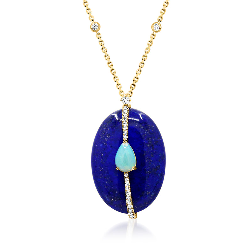 14kt yellow gold necklace with oval blue lapis pendant, teardrop blue opal, diamond accents
