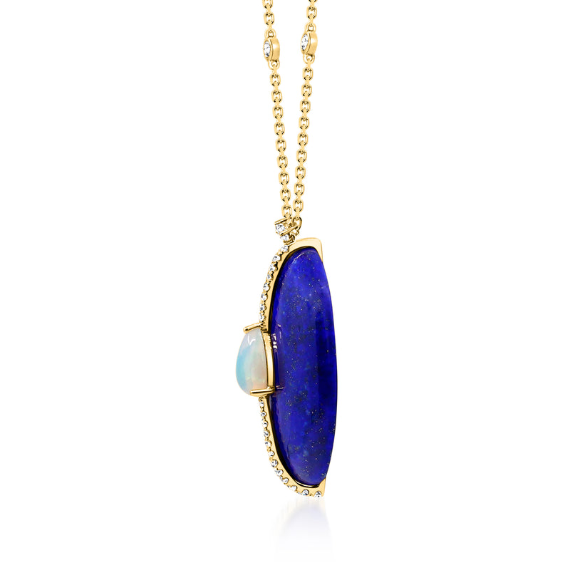 14kt yellow gold necklace with oval blue lapis pendant (side view), blue opal, diamond border