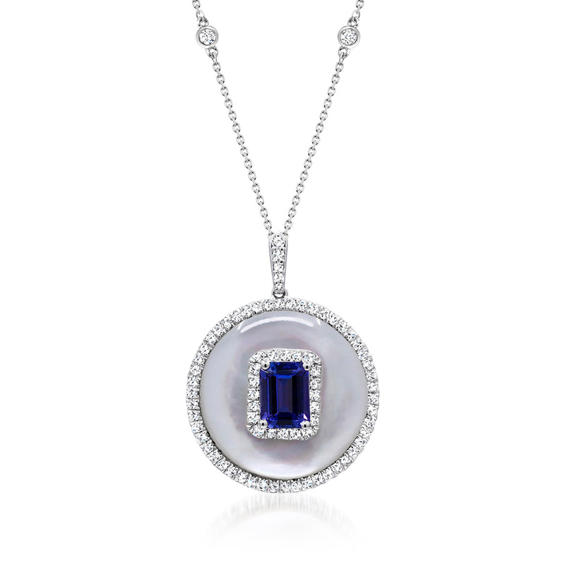 14k white gold pendant necklace with round halo, blue gemstone and diamond accents