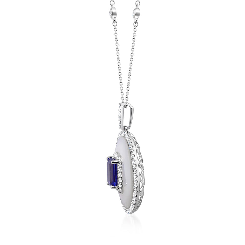 14k white gold pendant necklace with oval halo, blue gemstone and diamond accents