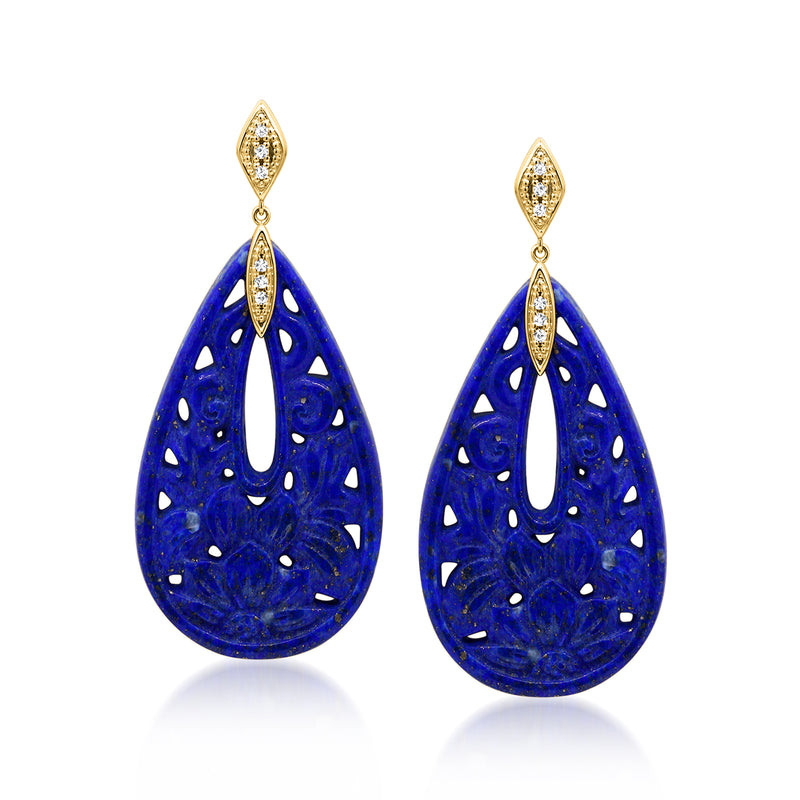14kt yellow gold lapis openwork drop earrings with diamond-set accents, post style