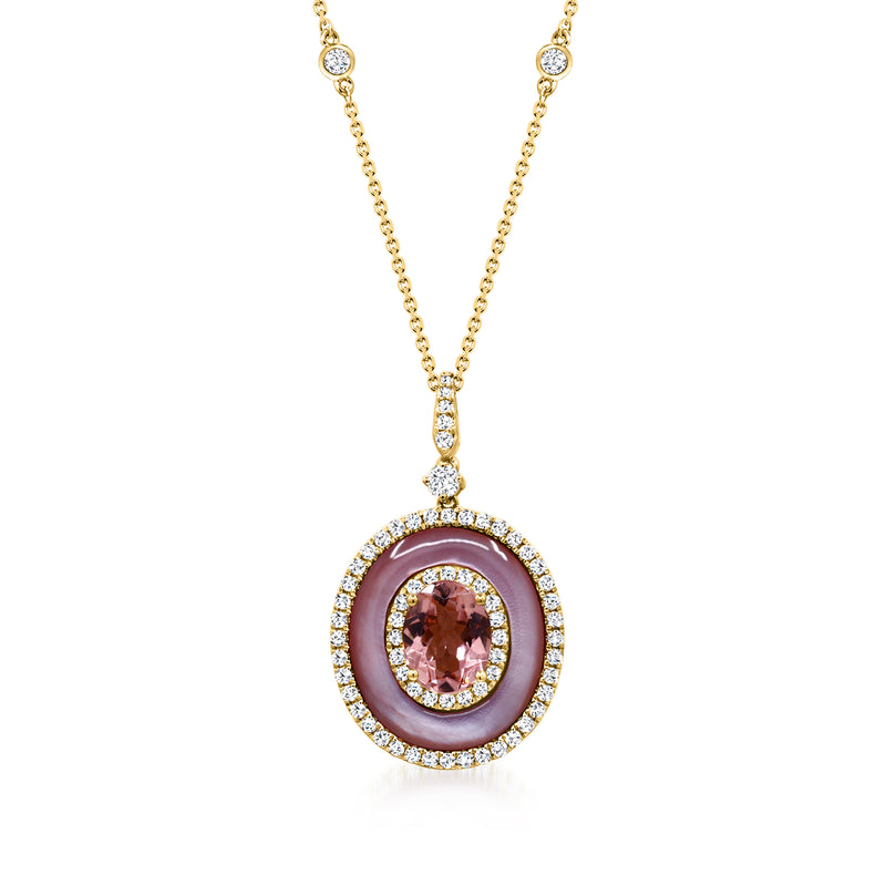 14kt yellow gold pendant necklace with round pink tourmaline, diamond halo and chain