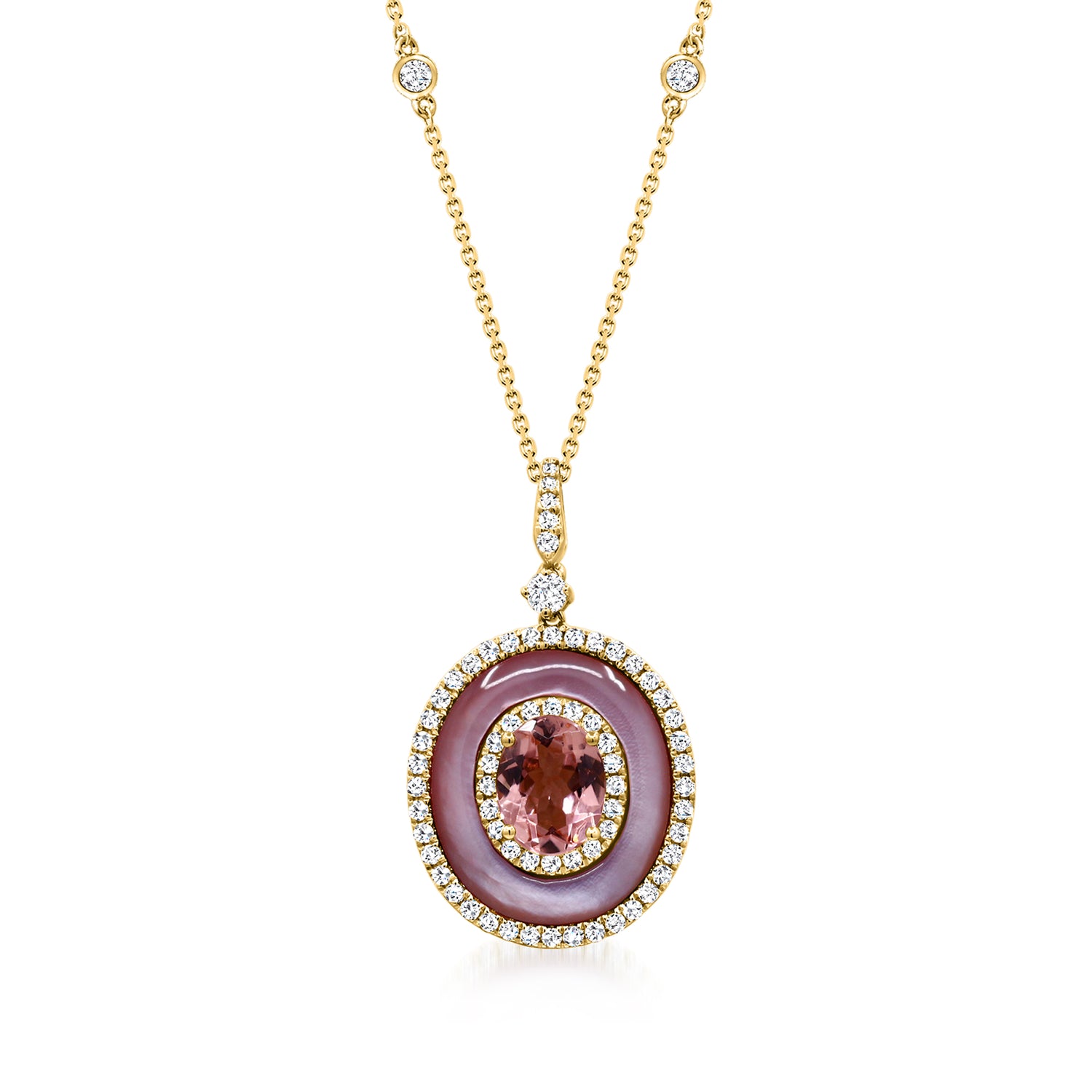 1.80 Carat Pink Tourmaline and .70 ct. t.w. Diamond Pendant Necklace with Pink Mother-of-Pearl in 14kt Yellow Gold