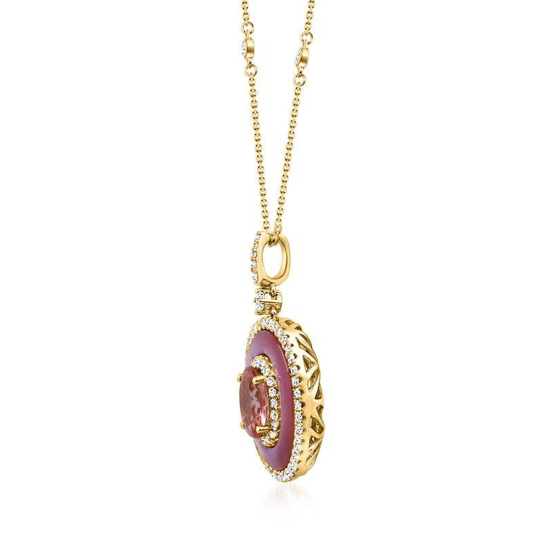 14kt yellow gold pendant necklace with oval pink tourmaline and pink mother-of-pearl halo