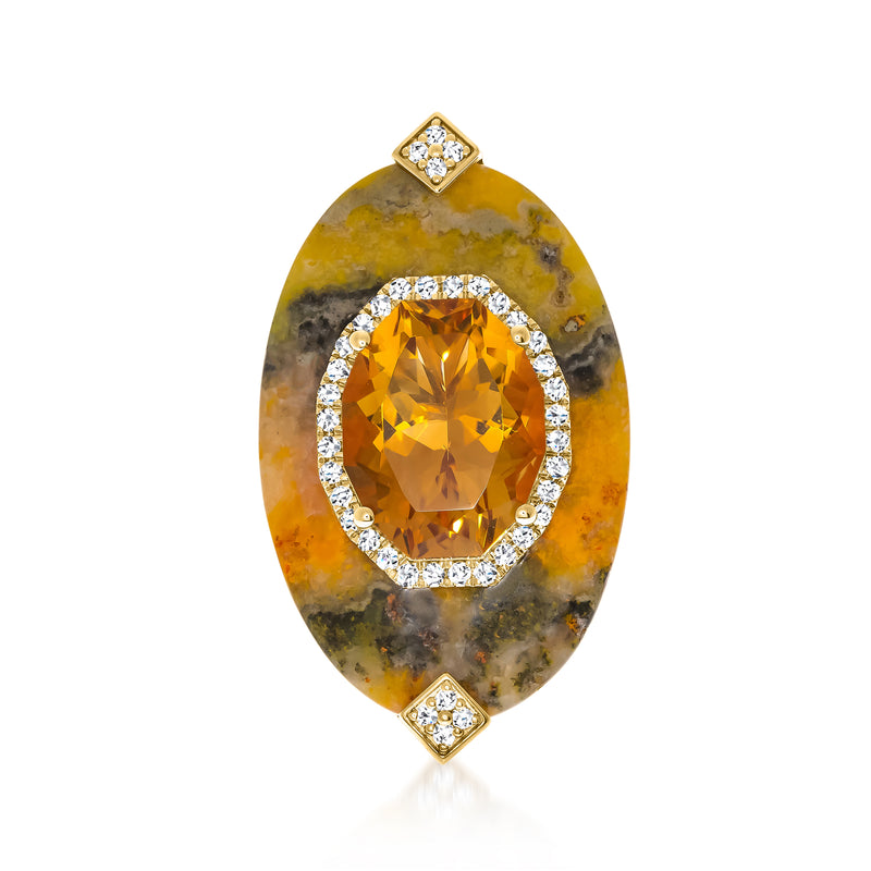Citrine ring with diamond bezel, bumblebee jasper oval, 14kt yellow gold