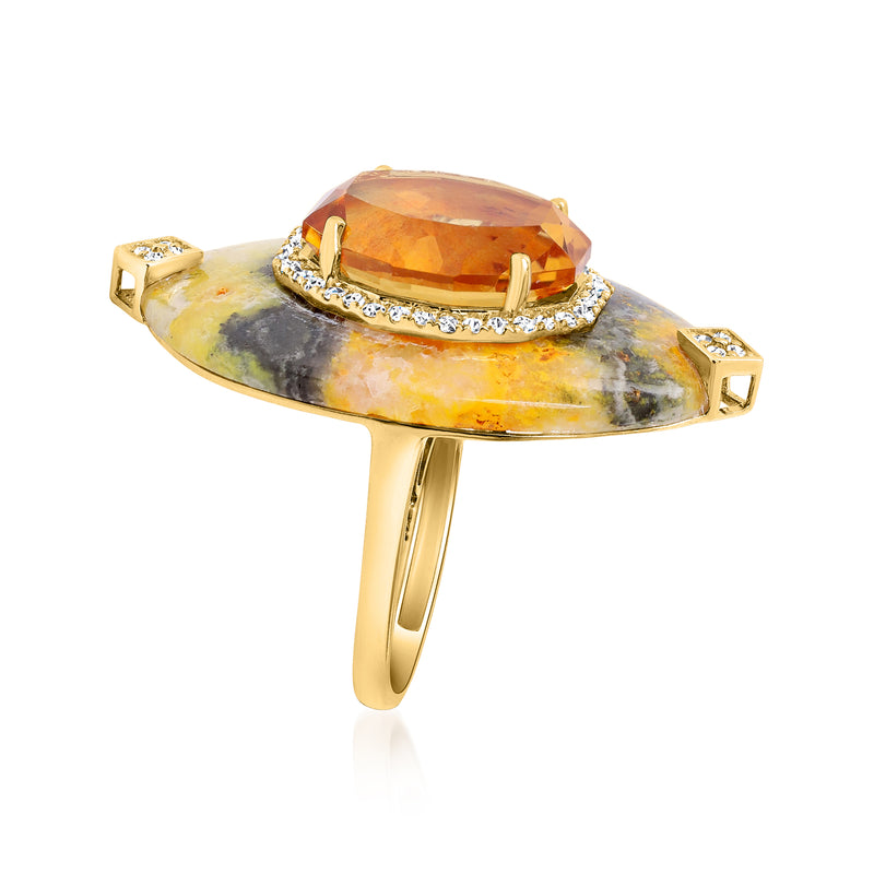 Citrine ring in 14kt yellow gold with oval jasper band and diamond side accents