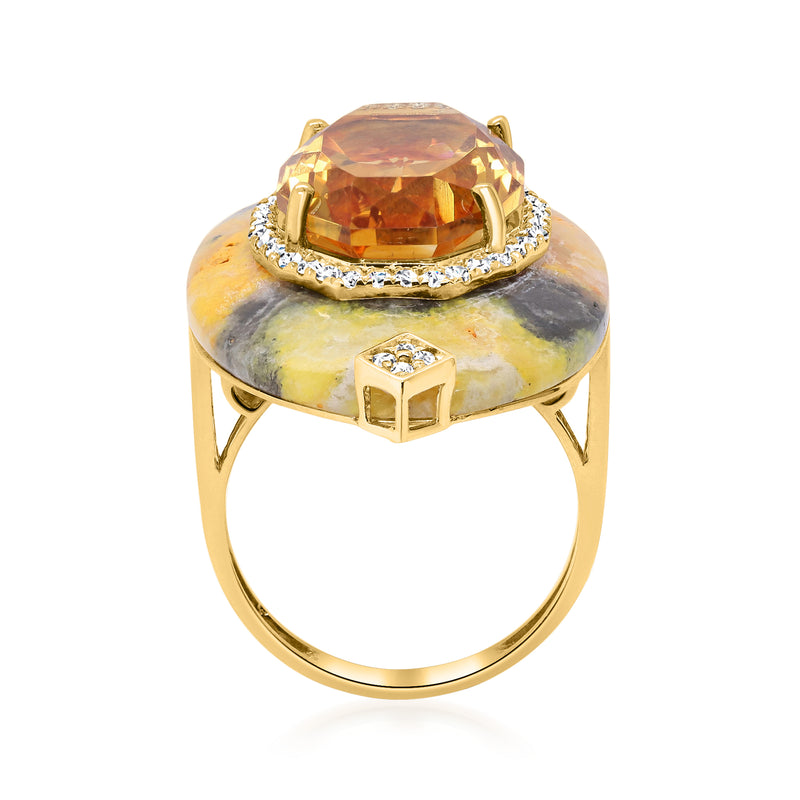 Citrine and diamond ring with bumblebee jasper top setting in 14kt yellow gold
