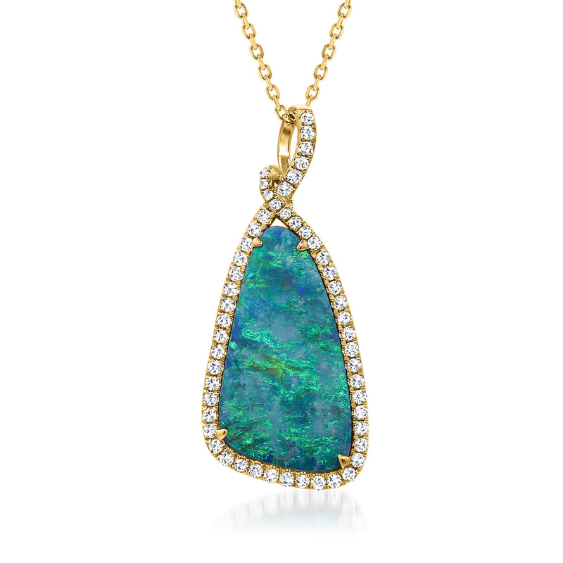 Black opal and diamond pendant necklace in 14kt yellow gold