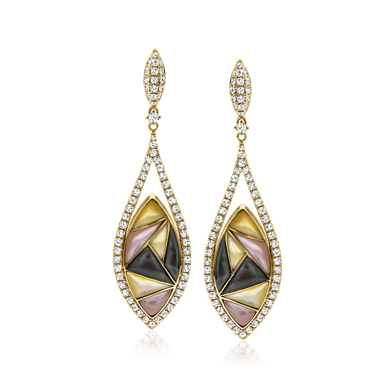 14kt yellow gold drop earrings with multicolored mother-of-pearl and diamond accents