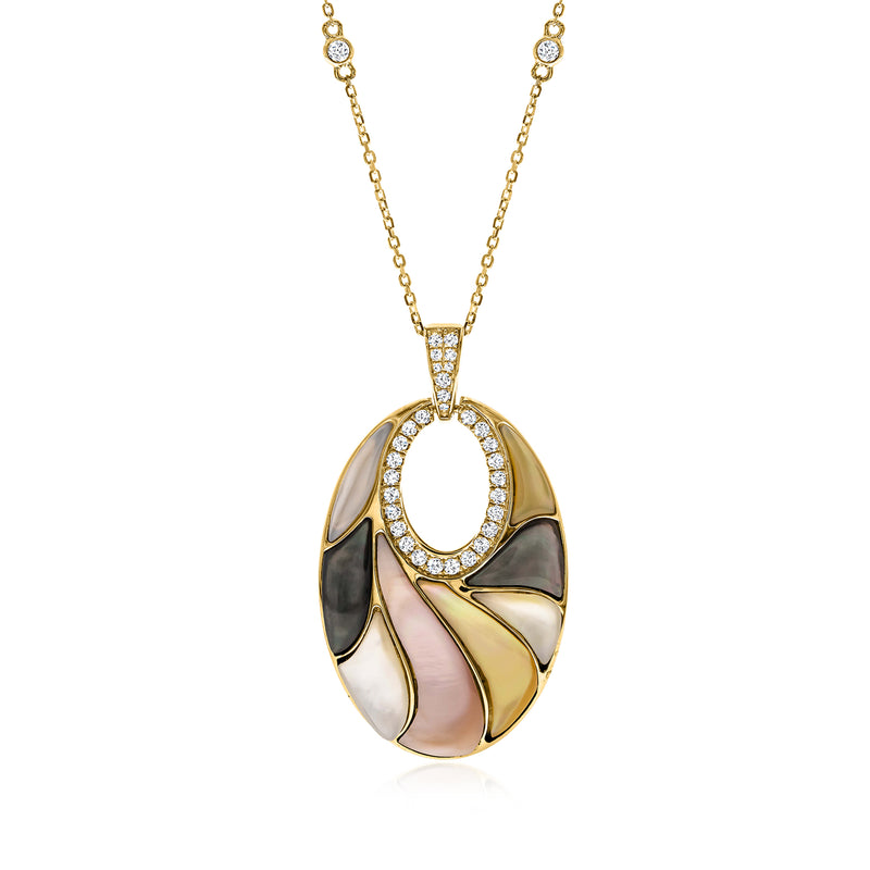 Gold pendant necklace with multicolored mother-of-pearl oval and diamond halo frame