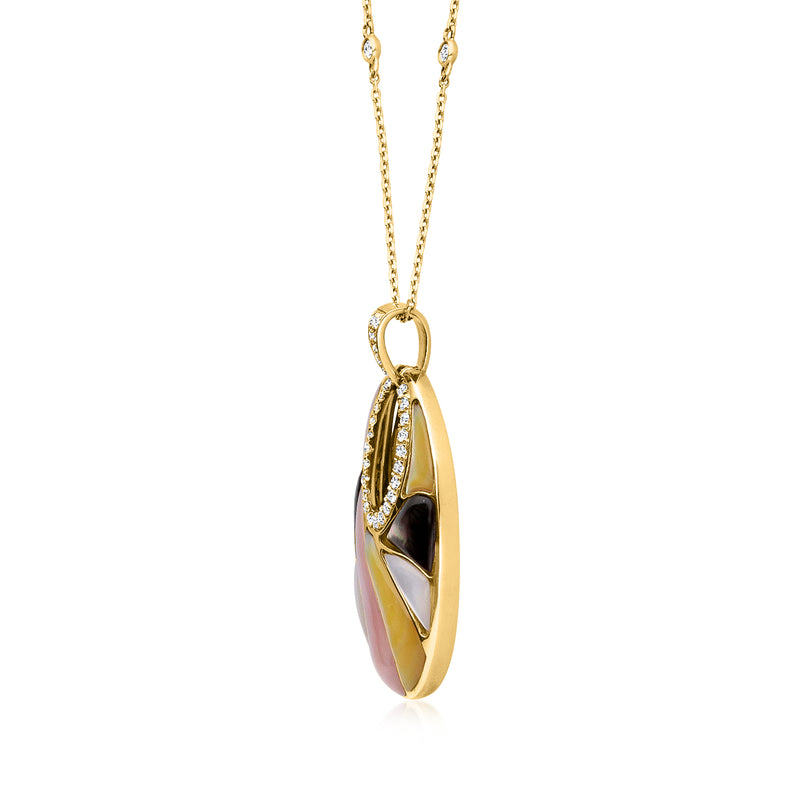 Gold pendant necklace with multicolored mother-of-pearl oval and small diamond accents
