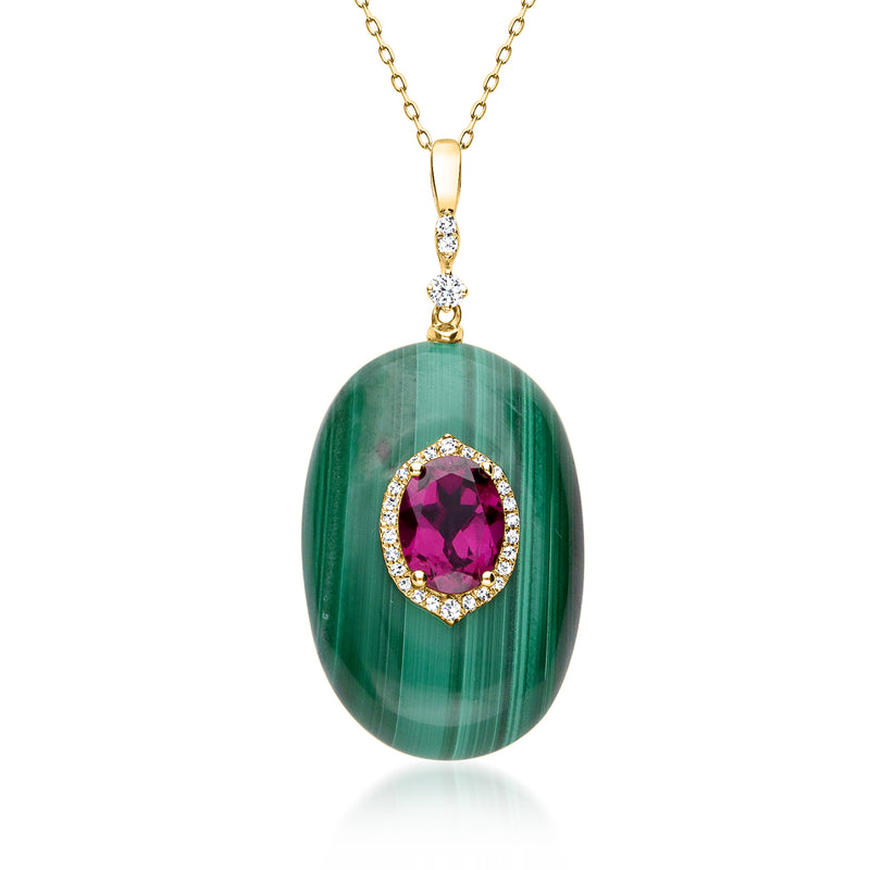 14kt yellow gold pendant necklace with oval malachite, rhodolite garnet, diamond accents