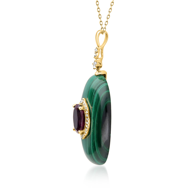 14kt yellow gold pendant necklace with oval malachite stone and rhodolite garnet, side view
