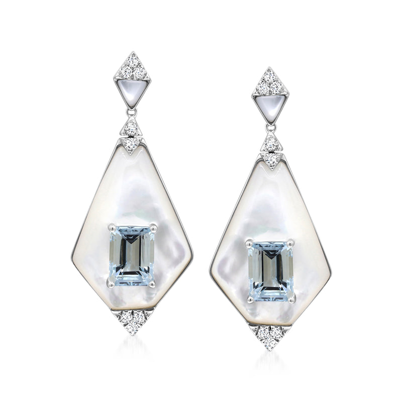 Aquamarine diamond drop earrings with mother-of-pearl teardrops, post backs, white gold