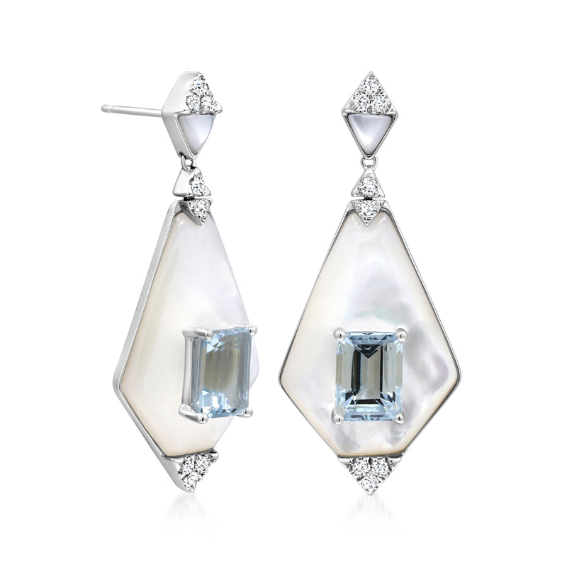 Aquamarine diamond drop earrings with mother-of-pearl teardrops, side view, post backs