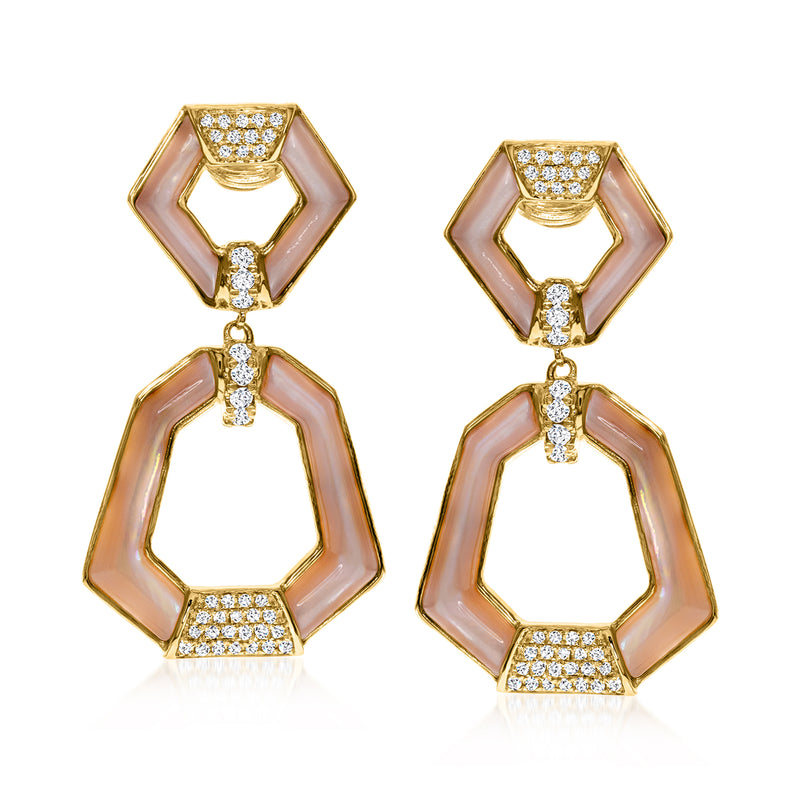 14kt yellow gold geometric drop earrings with pink mother-of-pearl and diamond accents