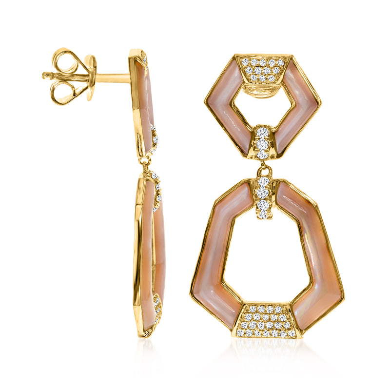 Pink mother-of-pearl geometric drop earrings with diamond accents in gold