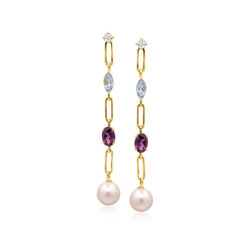 14kt yellow gold drop earrings with pearl, blue and purple gemstones, and diamond accents