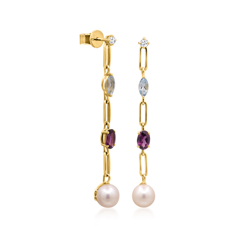 14kt yellow gold post drop earrings with dangling pearl, blue oval stone, and purple stone