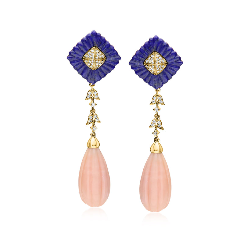 14kt yellow gold lapis blue and pink opal drop earrings with diamond accents
