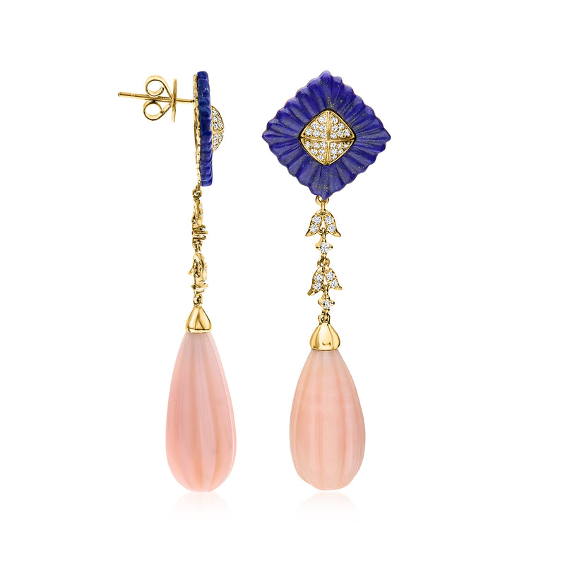 14kt yellow gold post drop earrings with blue lapis top and pink opal teardrops