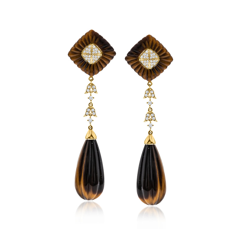 Tiger eye drop earrings in yellow gold with diamond clusters and teardrop stones