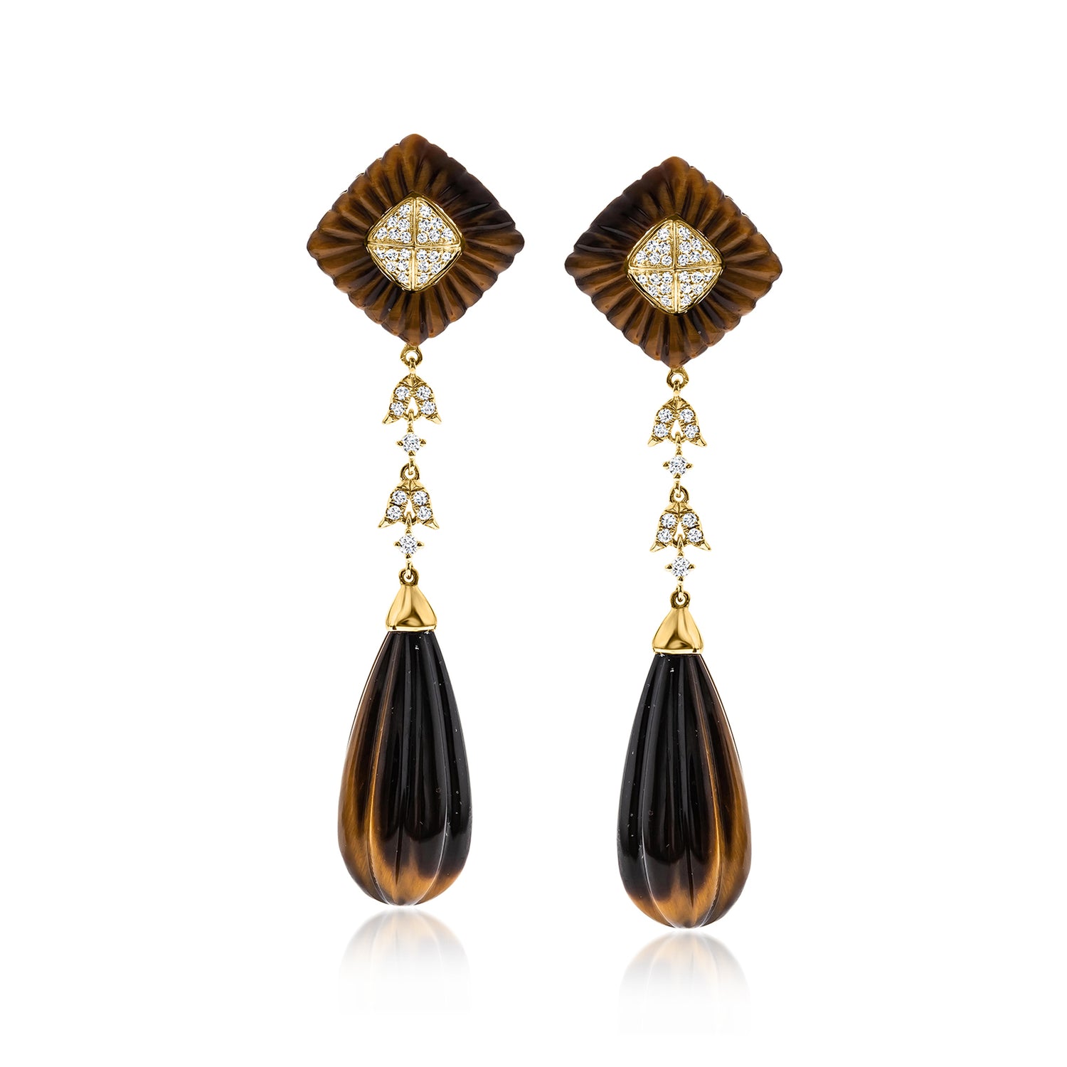 Tiger Eye and 36 ct tw Diamond Drop Earrings in 14kt Yellow Gold