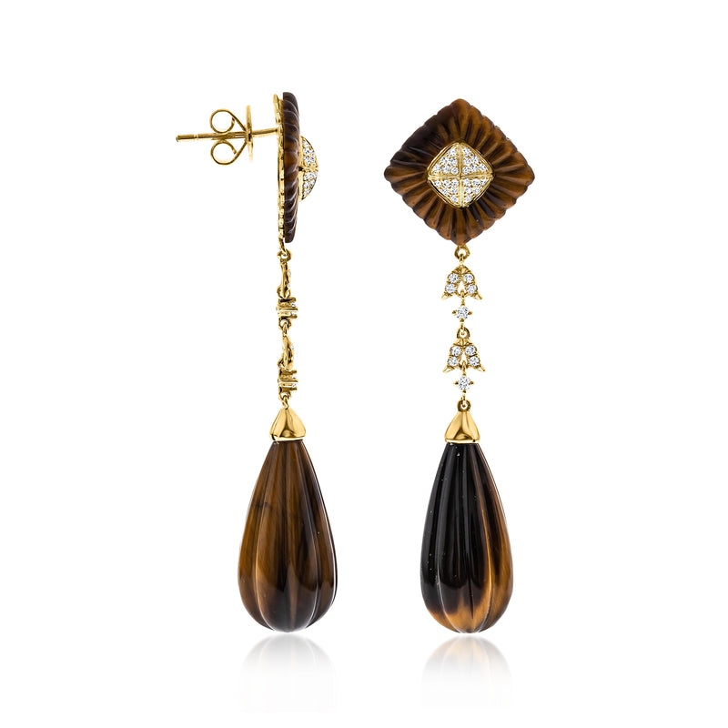 Tiger eye drop earrings, yellow gold post backs with dangling diamond clusters