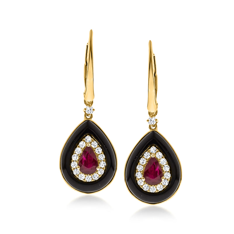 14kt yellow gold leverback drop earrings with ruby teardrop, onyx, and diamond accents