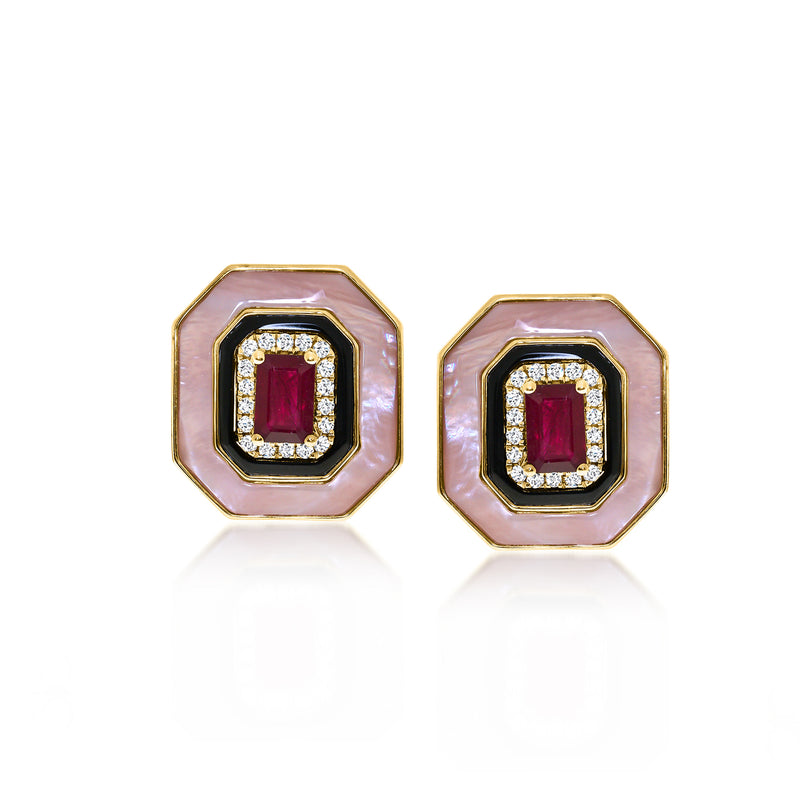 Ruby and diamond stud earrings in 14kt yellow gold with pink mother-of-pearl octagon and onyx