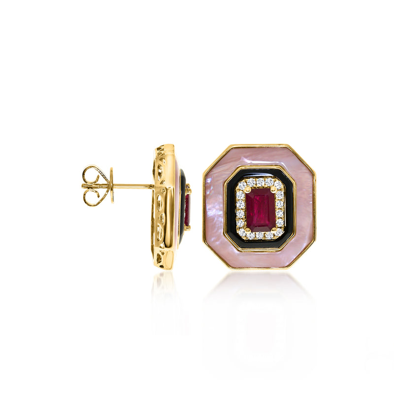 14kt yellow gold ruby and diamond post earrings, pink mother-of-pearl octagon with onyx detail