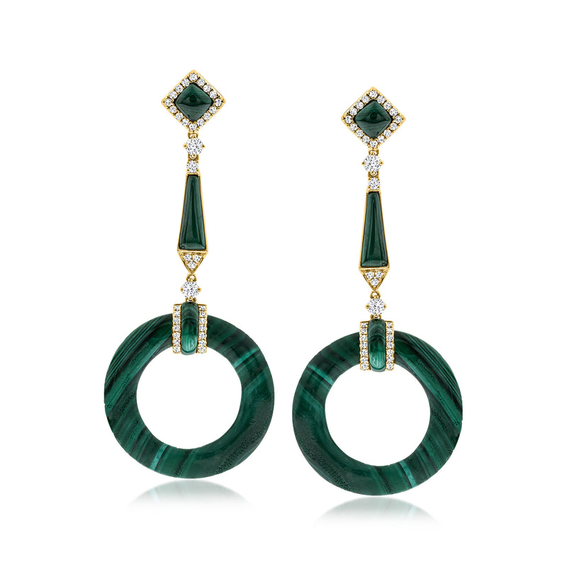 14kt yellow gold malachite drop earrings with diamond accents and circular green malachite rings