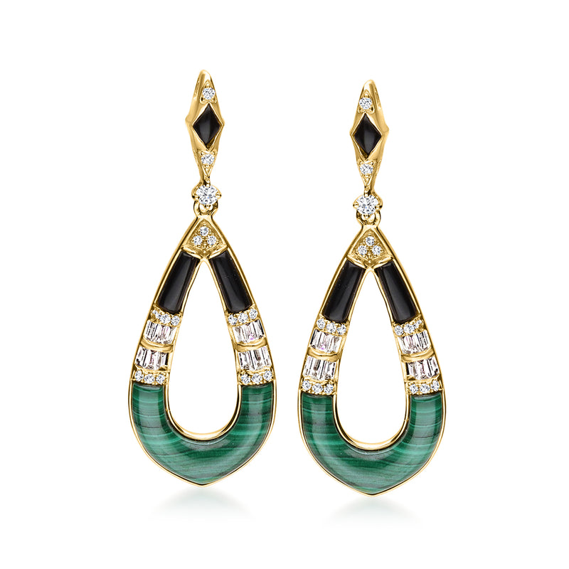 14kt yellow gold drop earrings with black onyx, green malachite, and diamond accents
