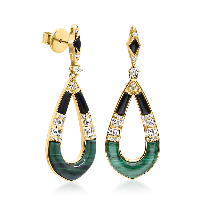 Yellow gold post drop earrings with black onyx, green malachite, and diamond details