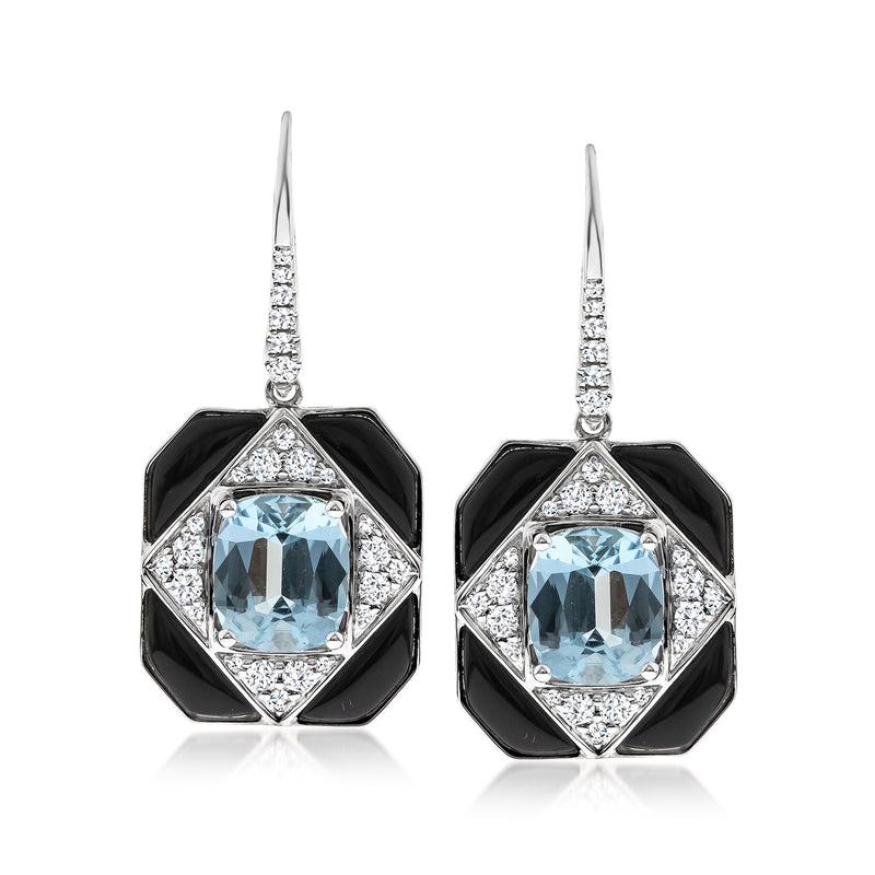 Aquamarine and diamond onyx earrings, octagon drops in 14kt white gold leverback