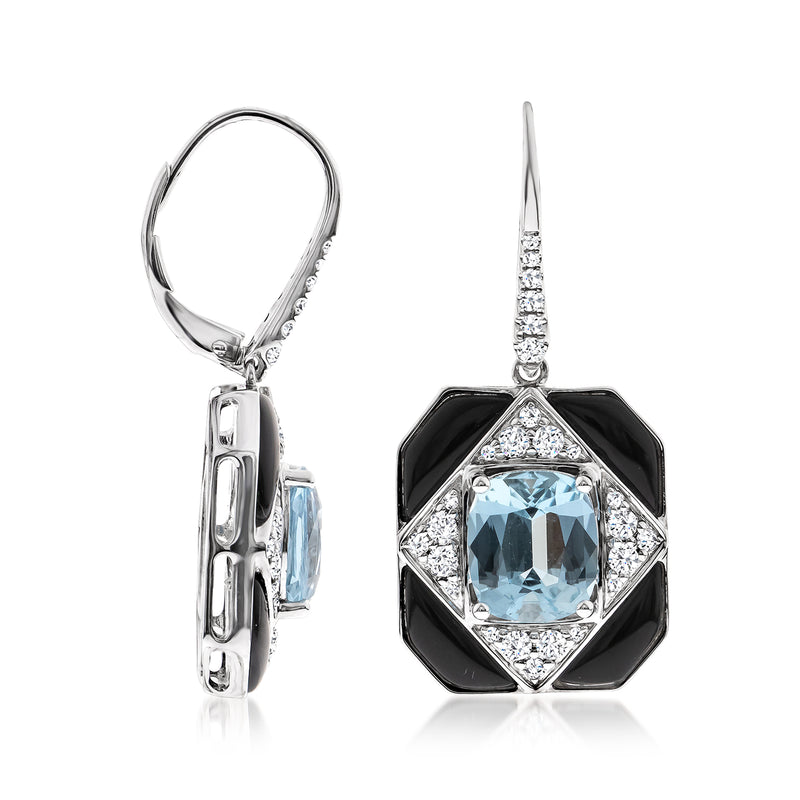 Aquamarine and diamond onyx leverback earrings, hinged back and octagon drop, white gold