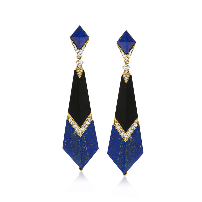 Yellow gold drop earrings with lapis blue, onyx black, and diamond accents, post backs