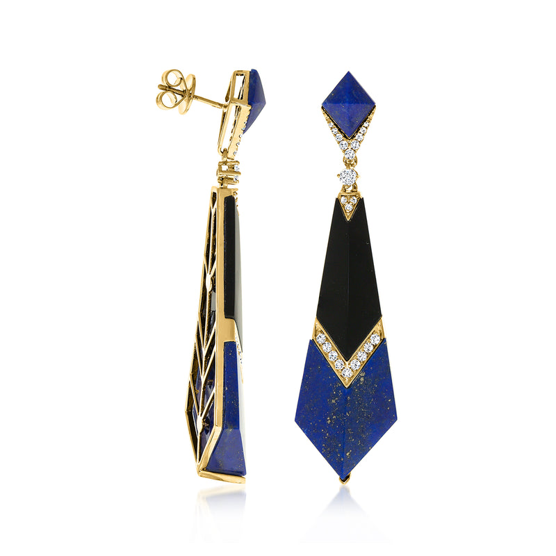Yellow gold stud-to-drop earrings with lapis blue and onyx black diamond details