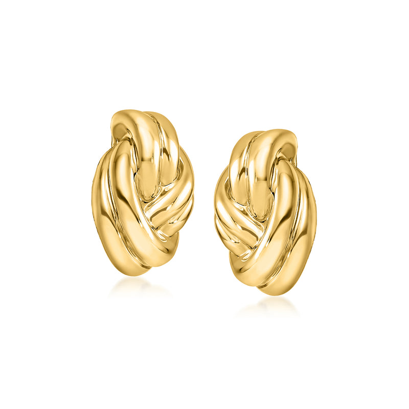14kt yellow gold knot hoop post earrings, glossy twisted oval hoops