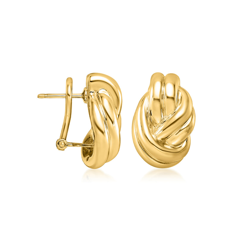 14kt yellow gold knot hoop post earrings, visible post and clasp, glossy oval hoops