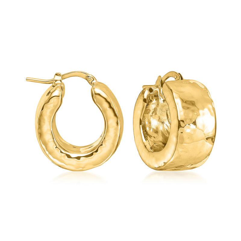 Italian 14kt yellow gold hammered hoop earrings, rounded hinged hoops