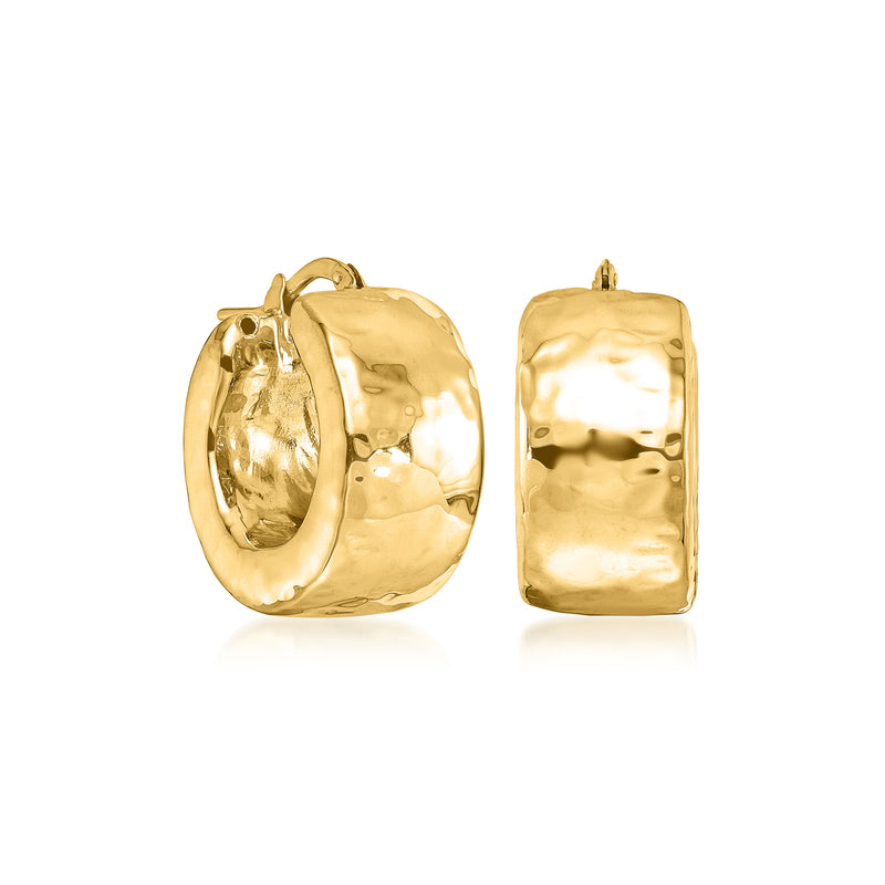 Italian 14kt yellow gold hammered hoop earrings, side view of rounded hoops
