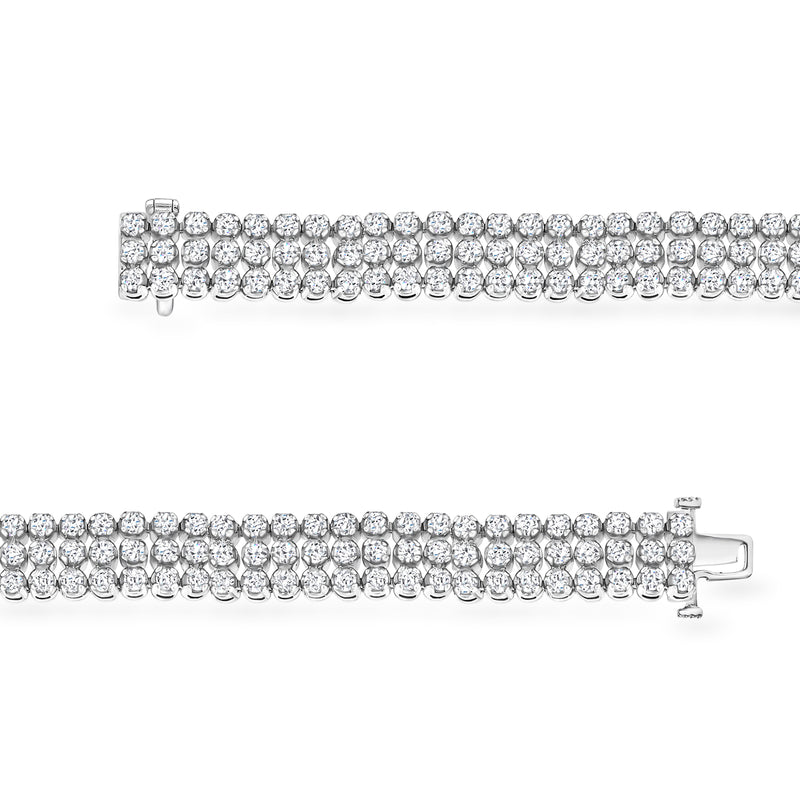 Three-row diamond bracelet with hinged clasp and round stones in white gold