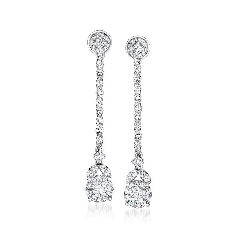 14kt white gold diamond circle drop post earrings with tiered oval stones and pear drops