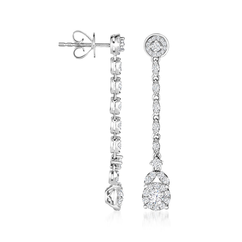 Diamond circle top drop earrings in 14kt white gold, side view with dangling pear centerpiece