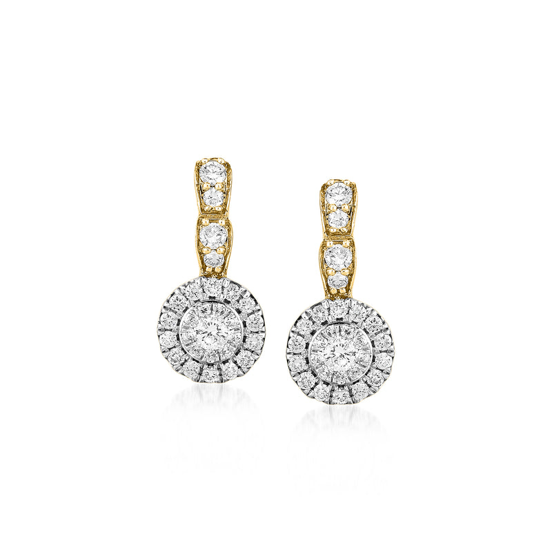Two-tone gold diamond circle post earrings with round pave halo