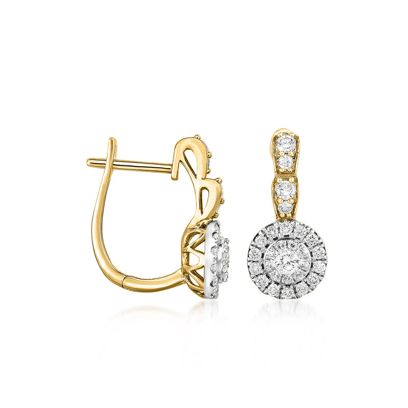 Two-tone gold diamond circle post earrings, side view with round halo stones