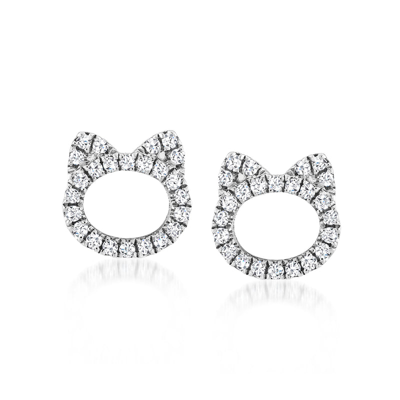 Sterling silver cat-shaped diamond post earrings with sparkling clear stones