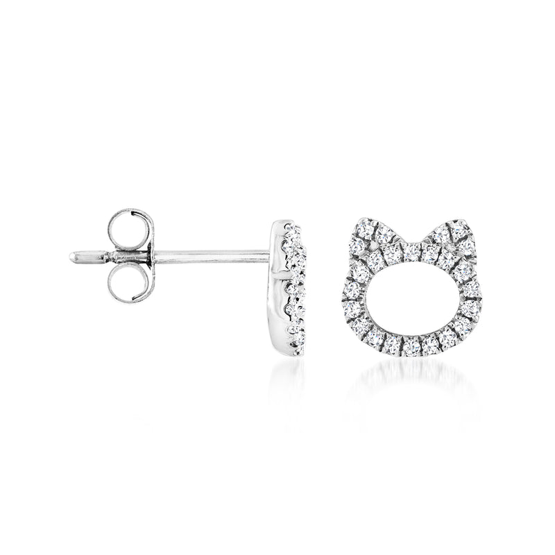 Sterling silver cat-shaped diamond stud earrings with visible back post and clear stones