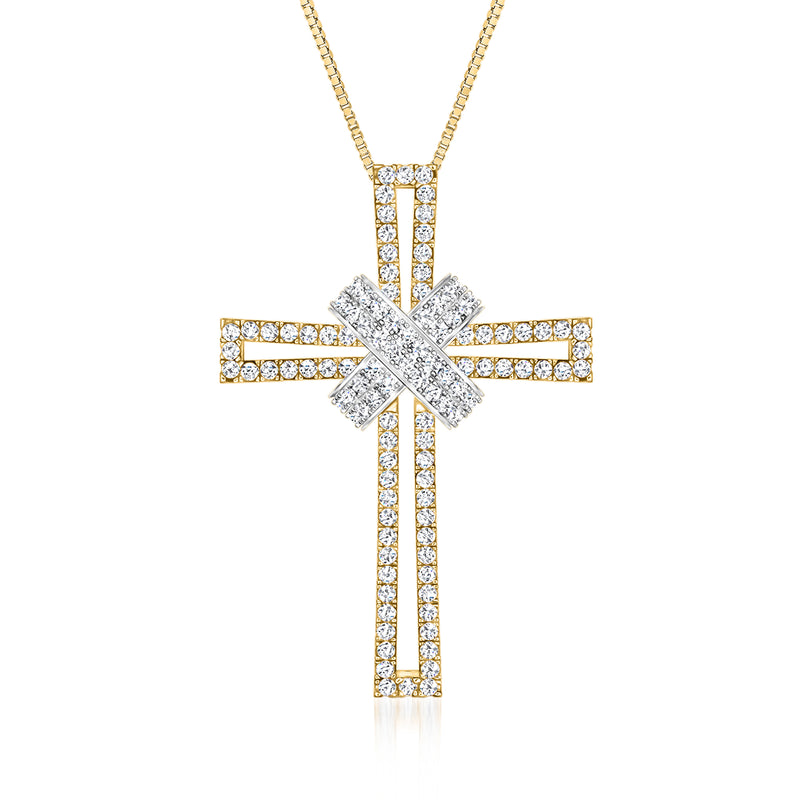 Two-tone 14kt gold diamond cross pendant on chain, full front view